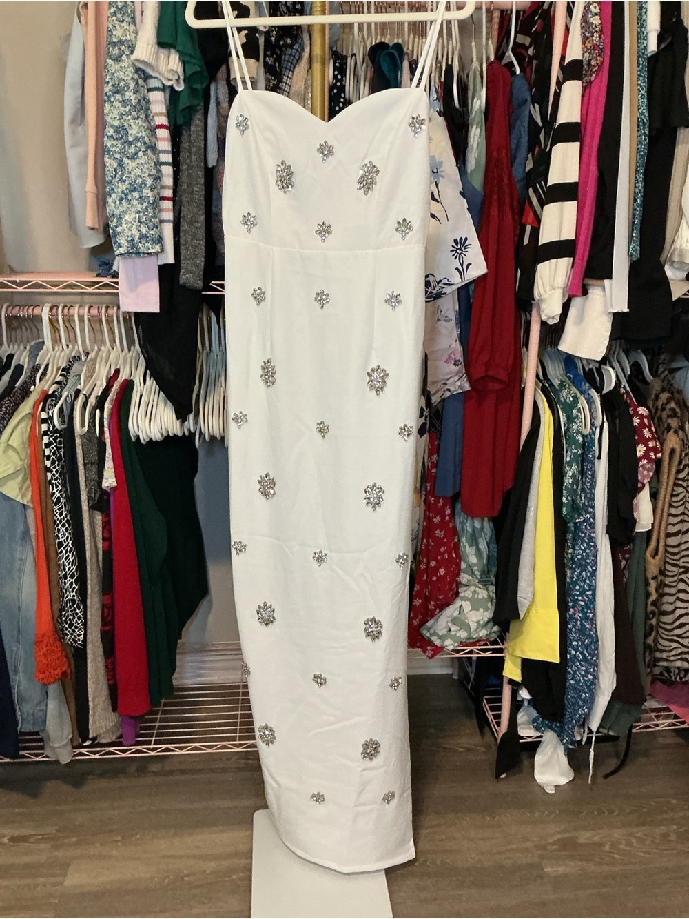 White Embellished Spaghetti-Strap Evening Gown - Picture 6 of 15